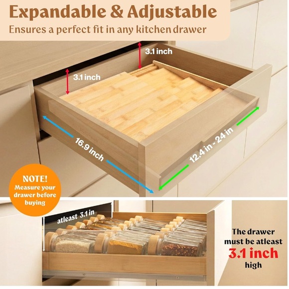 Bamboo Spice Drawer Organizer - Expandable 4 Tier Rack 12" to 24" WideShip Alone - Picture 2 of 8